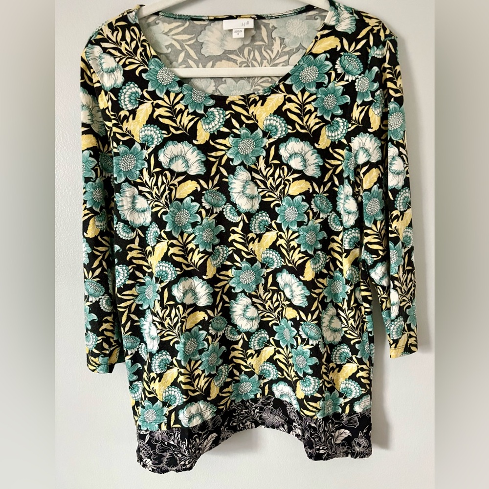 ❤️ J. Jill Black Floral 3/4 Sleeve Top Size M